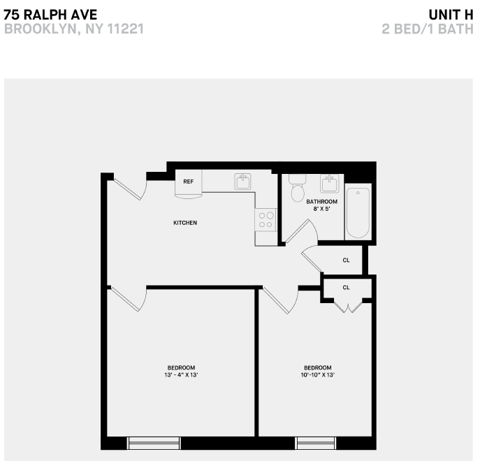 Floor plan for 2 beds, 1 bath, 543 sqft